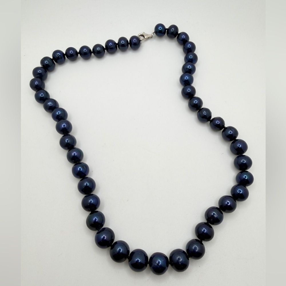 19" OP Signed,β925, HSN dyed dark 11mm blue freshwater pearl hand knot necklace!